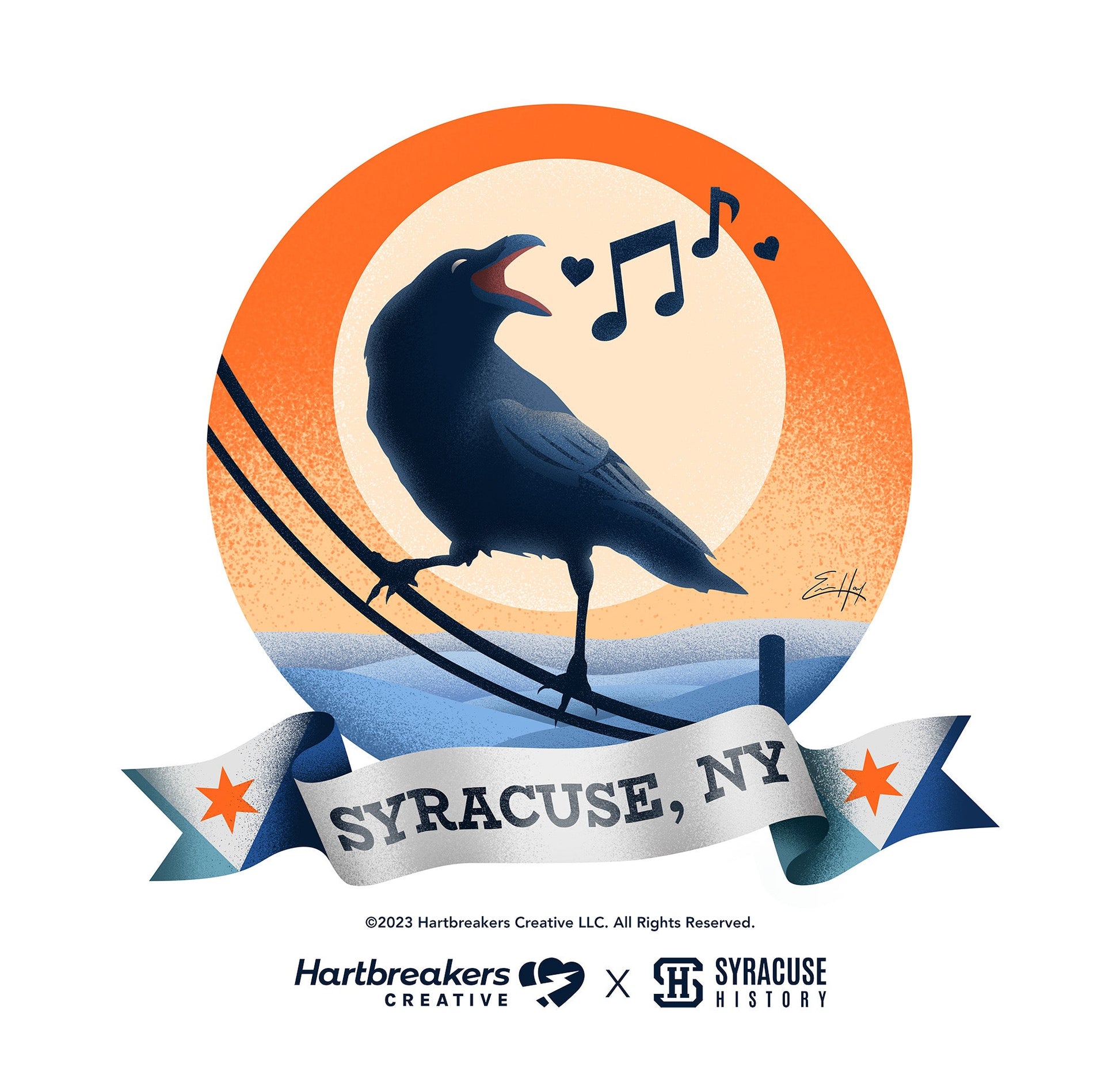 An illustration of a crow on a telephone wire and a banner beneath it that says Syracuse, NY