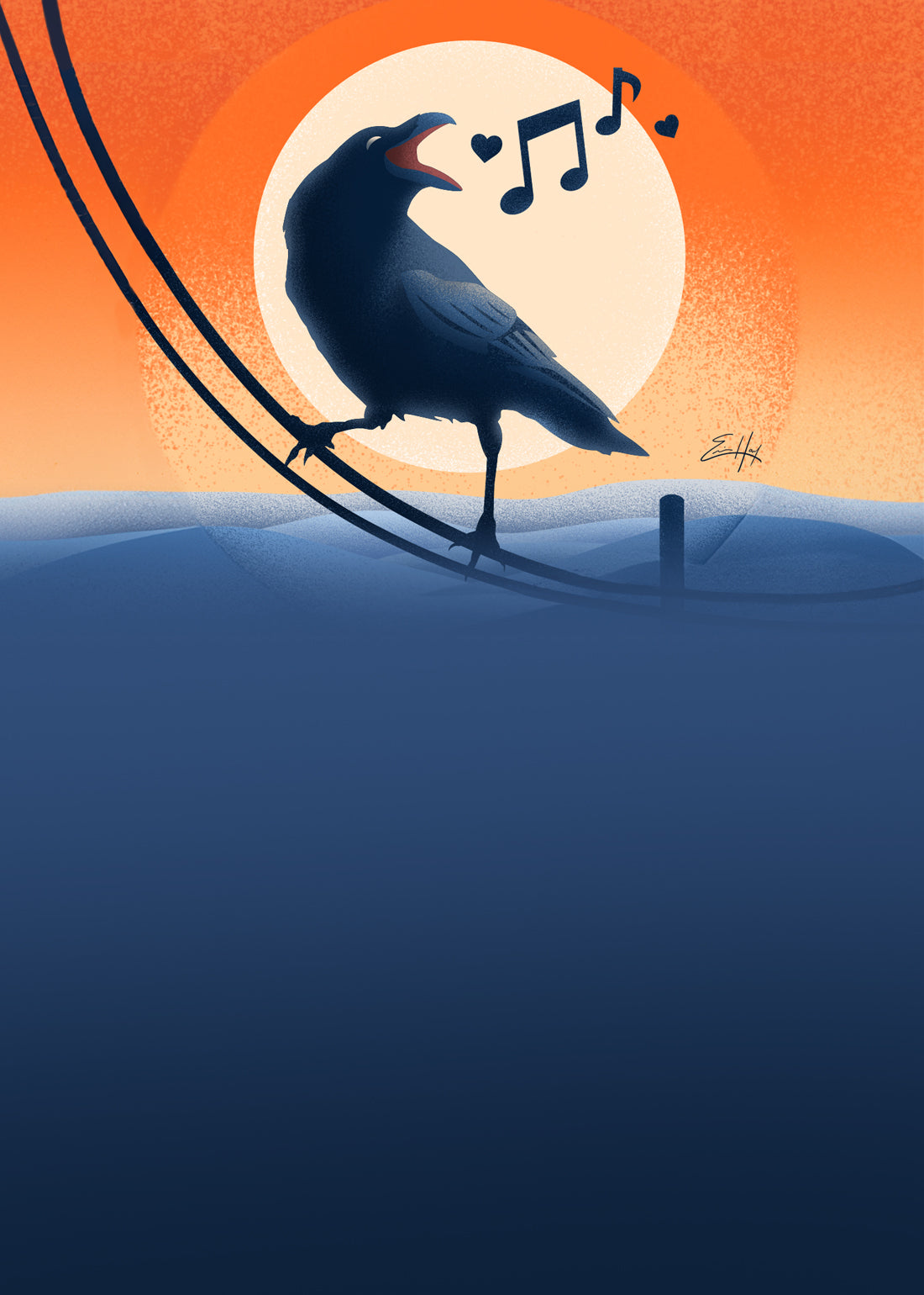 A Syracuse, NY illustration of a crow on a telephone wire