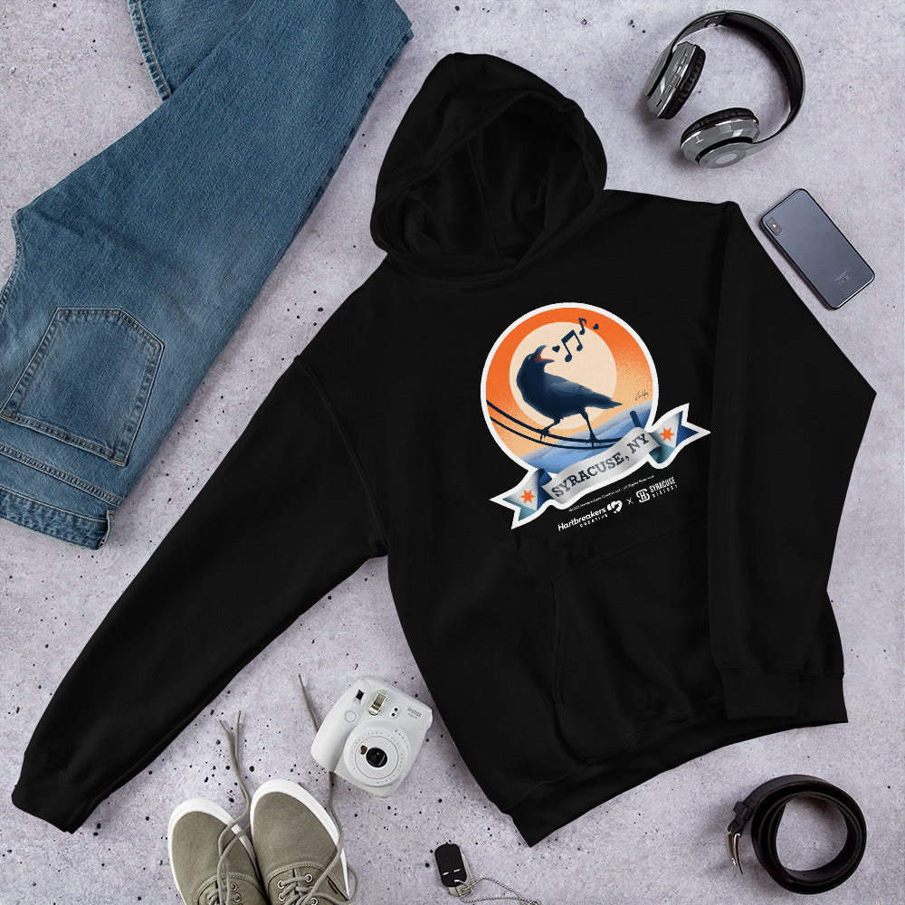 A black hoodie featuring an illustration of a crow on a telephone wire and a banner beneath it that says Syracuse, NY