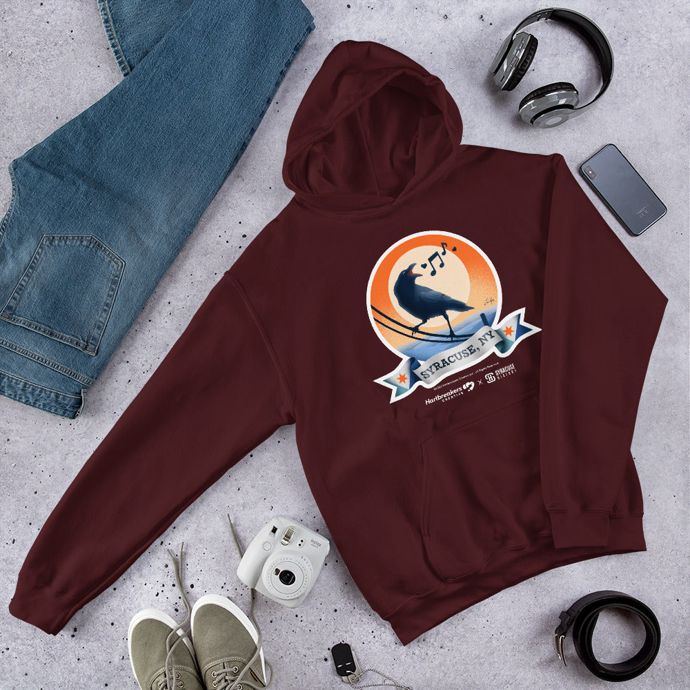 A maroon hoodie featuring an illustration of a crow on a telephone wire and a banner beneath it that says Syracuse, NY