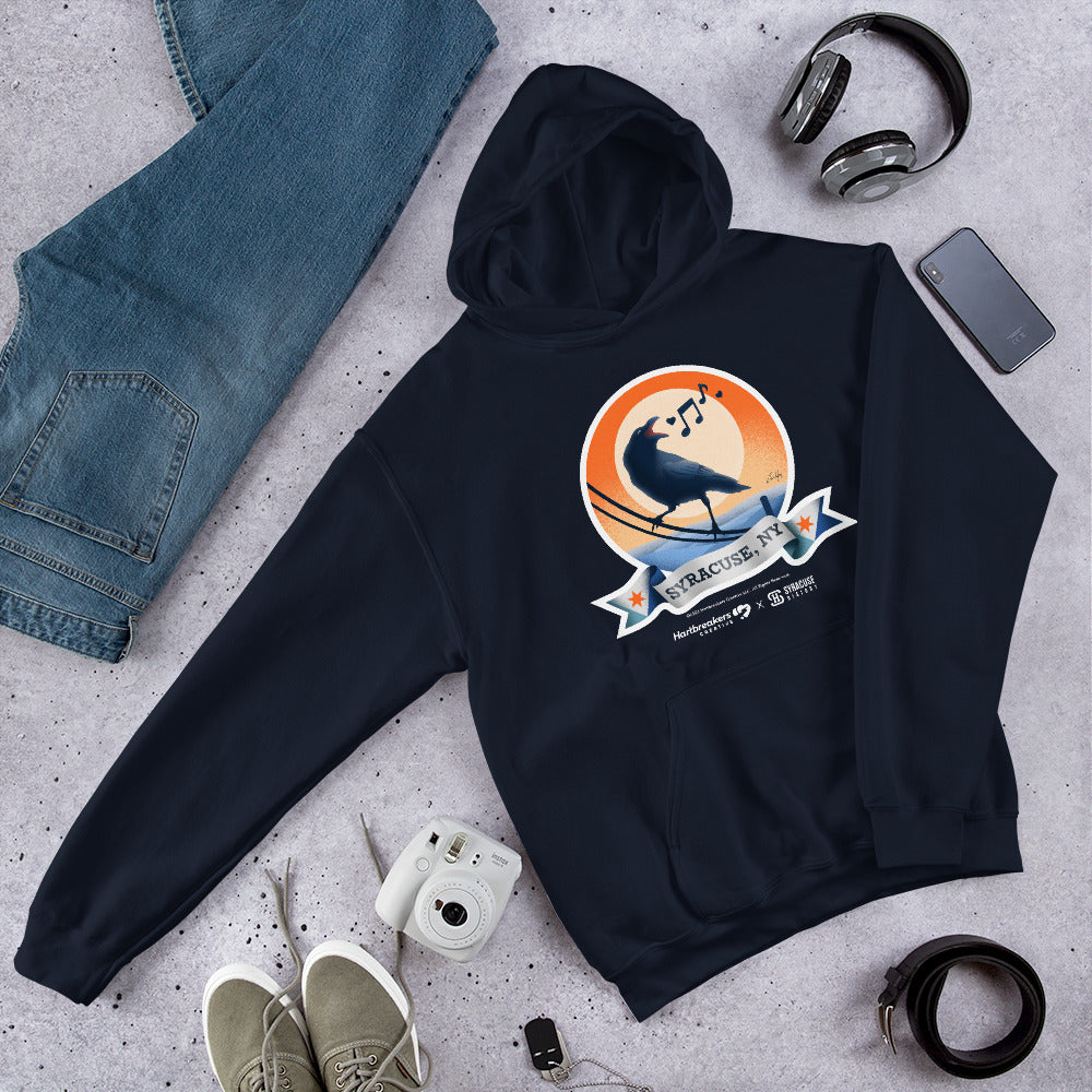 A navy hoodie featuring an illustration of a crow on a telephone wire and a banner beneath it that says Syracuse, NY