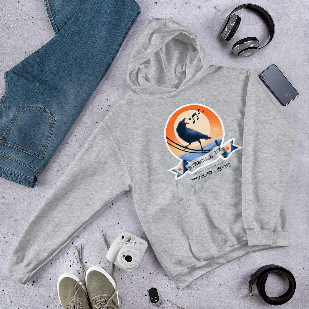 A sport grey hoodie featuring an illustration of a crow on a telephone wire and a banner beneath it that says Syracuse, NY
