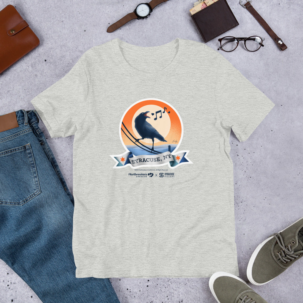 An athletic heather T-shirt featuring an illustration of a crow on a telephone wire and a banner beneath it that says Syracuse, NY