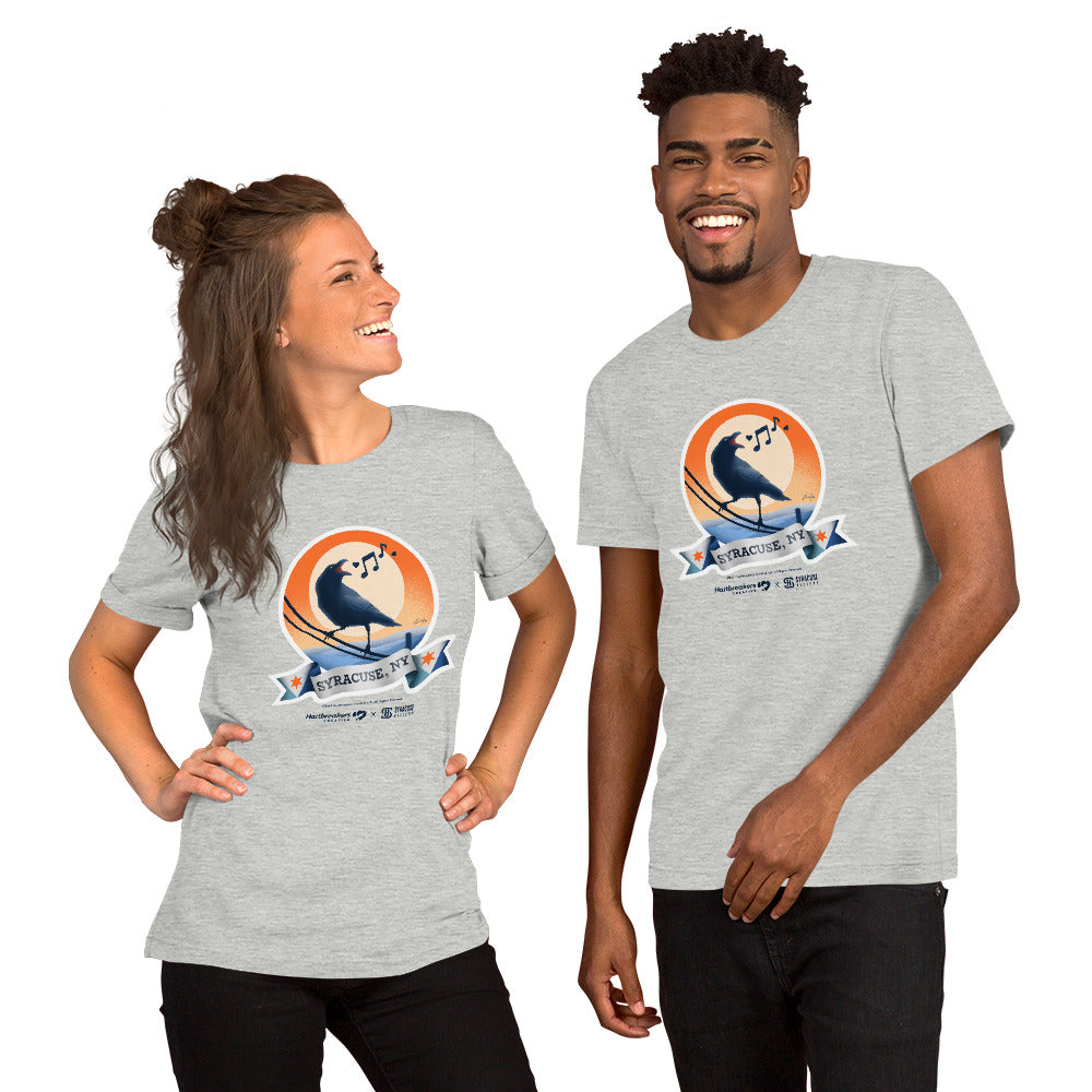 A man and woman wearing athletic heather T-shirts featuring an illustration of a crow on a telephone wire and a banner beneath it that says Syracuse, NY