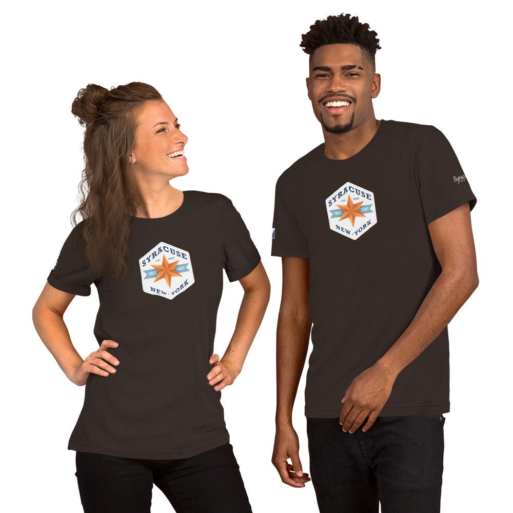 A young couple facing us wearing brown colored Syracuse, NY t-shirts featuring a Syracuse, NY emblem