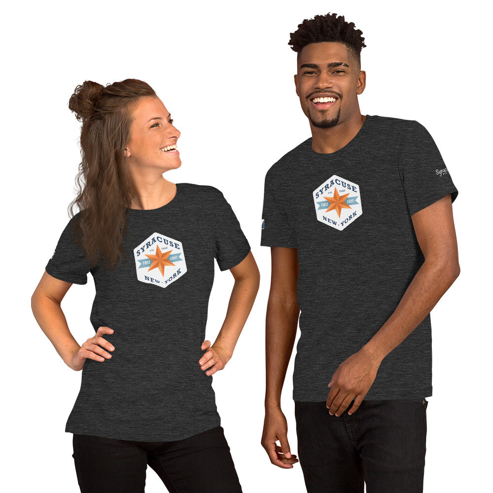 A young couple facing us wearing dark grey heather colored Syracuse, NY t-shirts featuring a Syracuse, NY emblem