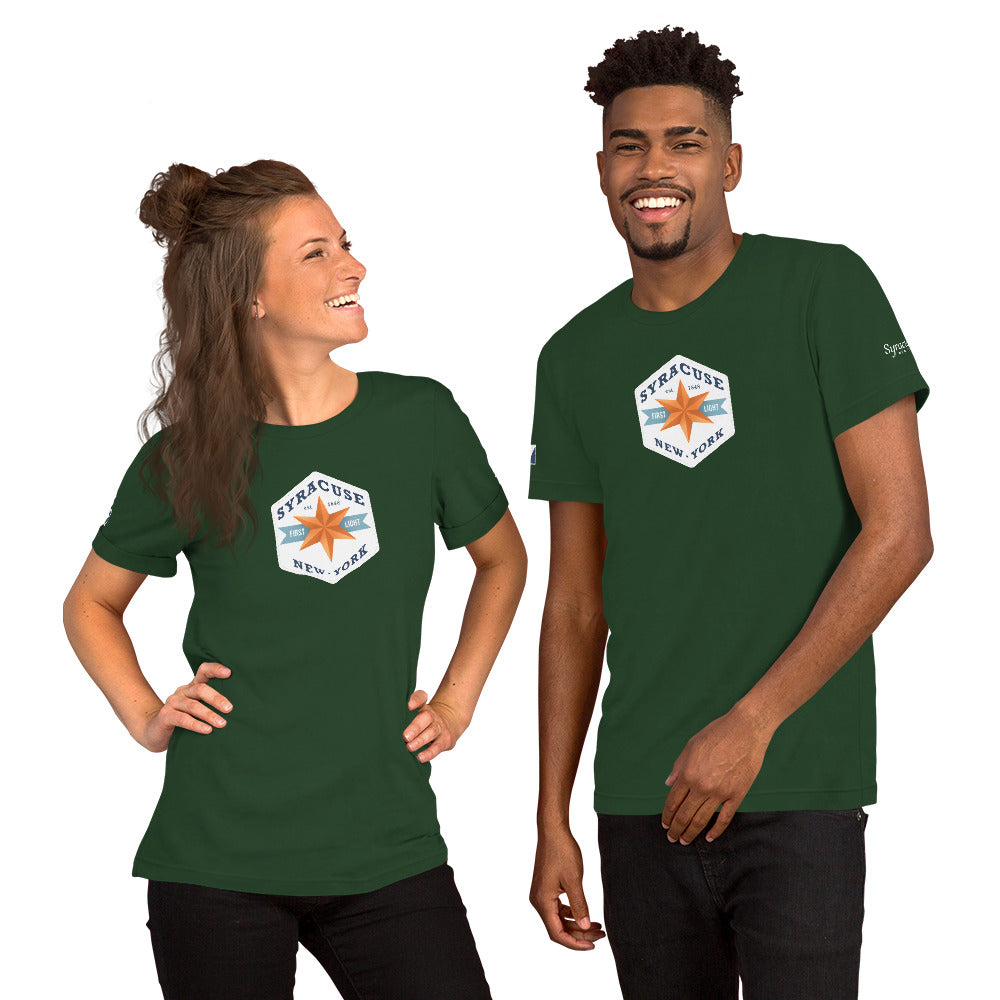 A young couple facing us wearing forest green colored Syracuse, NY t-shirts featuring a Syracuse, NY emblem