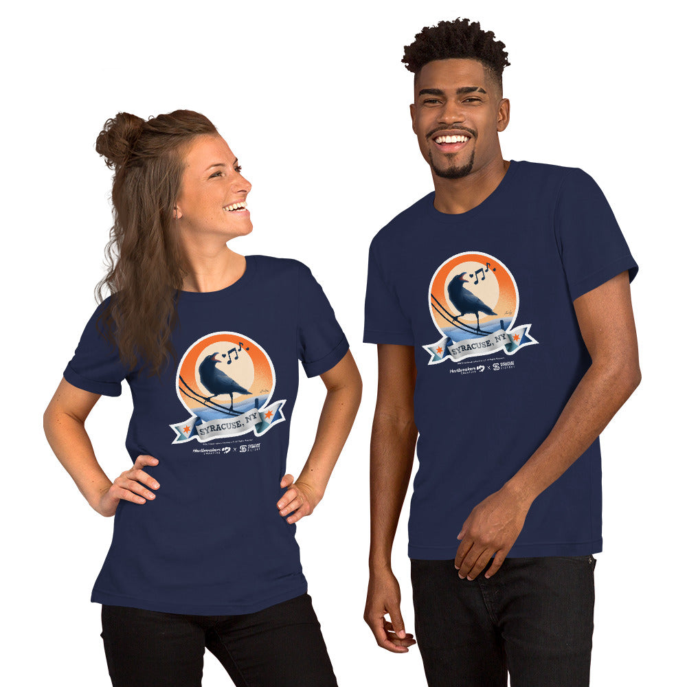 A man and woman wearing navy T-shirts featuring an illustration of a crow on a telephone wire and a banner beneath it that says Syracuse, NY