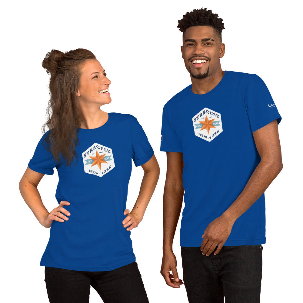 A young couple facing us wearing royal blue colored Syracuse, NY t-shirts featuring a Syracuse, NY emblem